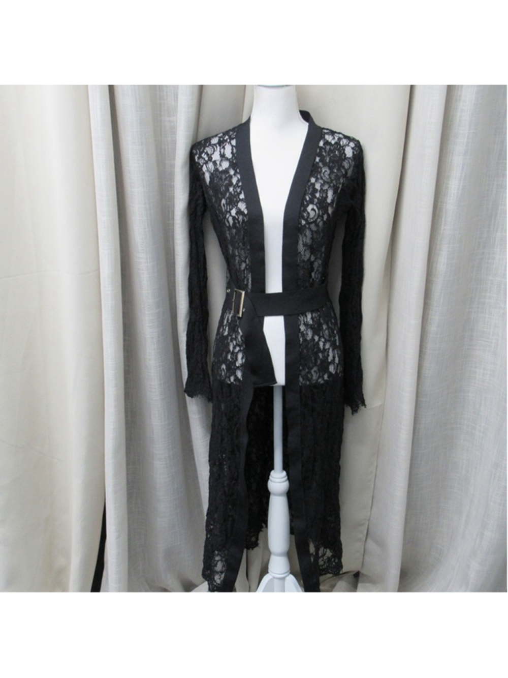 Mind Code Black Sheer Floral Lace Belted Long Maxi Duster Cardigan Dress L